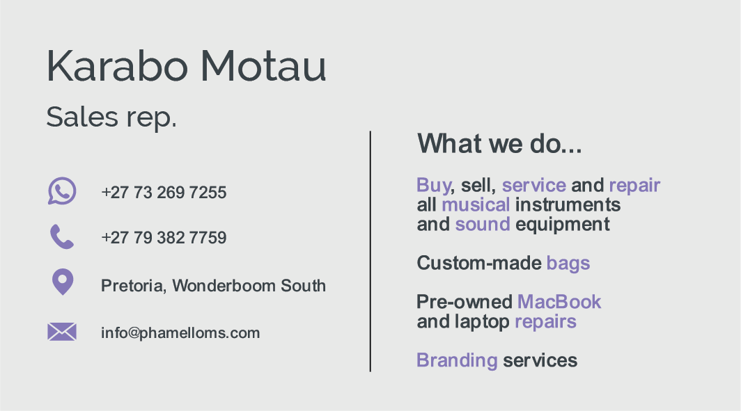 Phamello Music and Sound business card back